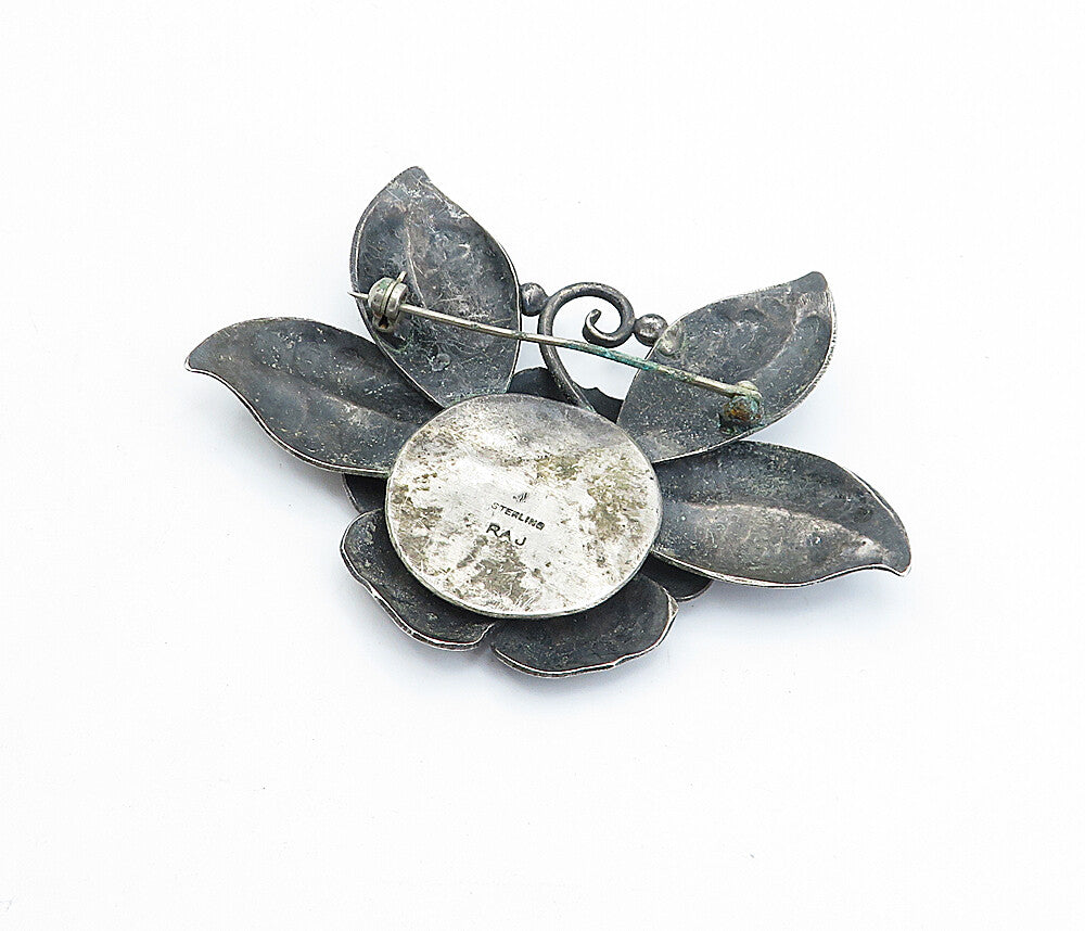RAJ 925 Sterling Silver  Vintage Dark Tone Flower Motif Brooch Pin  BP1095