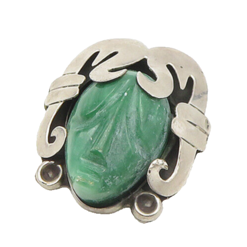 GPA MEXICO 925 Sterling Silver  Vintage Face Carved Jade Brooch Pin  BP7192