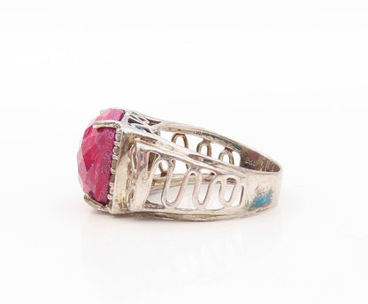 925 Sterling Silver Vintage Ring Diamonds Inlay Square Cut Ruby  Sz 7.5  RG30210