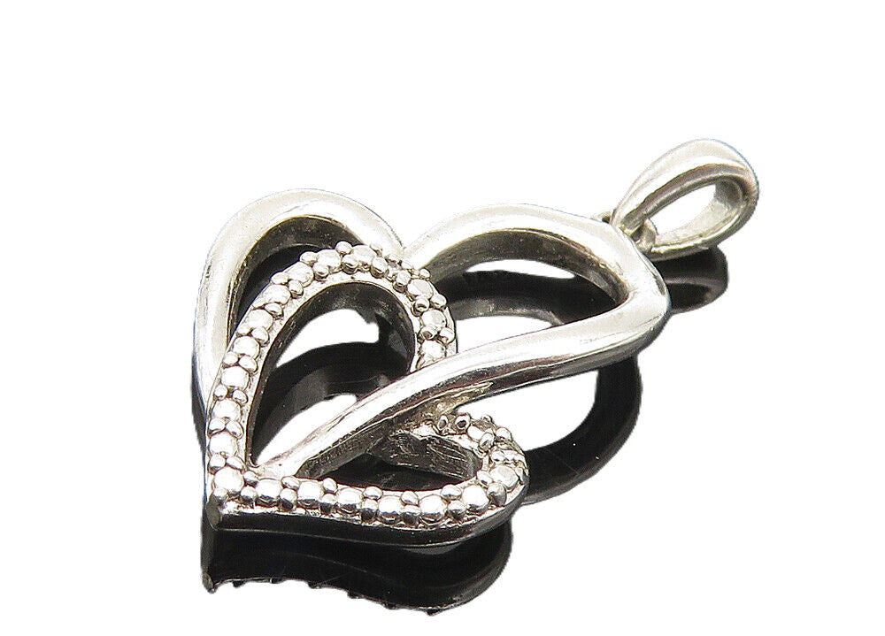 925 Sterling Silver  Petite Genuine Diamond Double Love Heart Pendant  PT8847