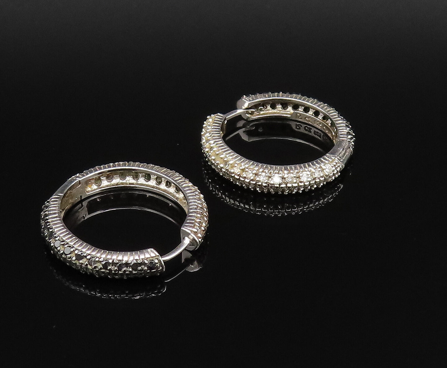 925 Silver  Vintage Black & White Genuine Diamonds Hoop Earrings  EG12069