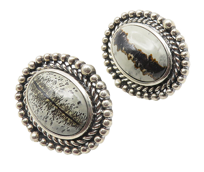 925 Sterling Silver  Vintage Cabochon Cut Jasper Twist Drop Earrings  EG5714