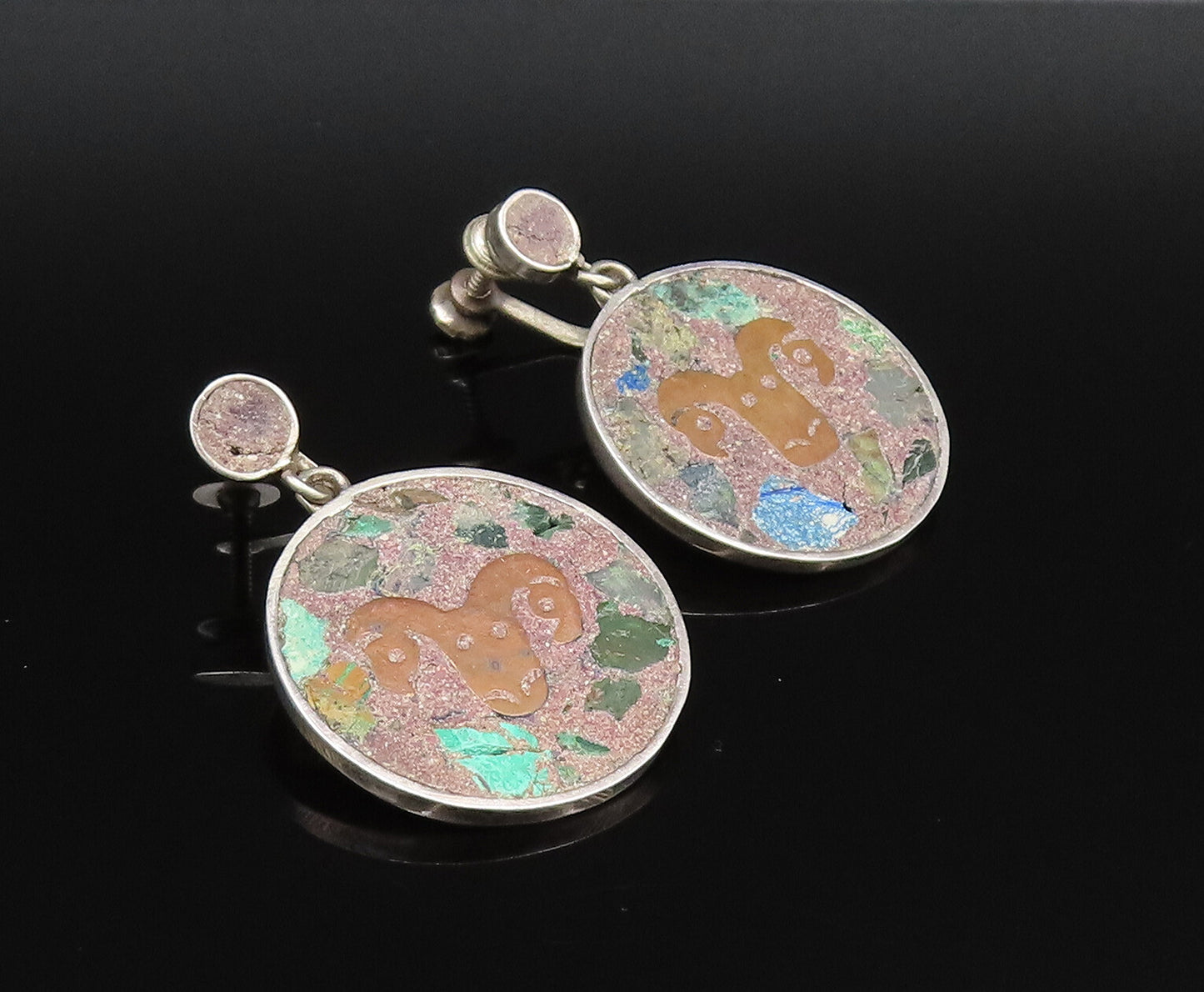 MEXICO 925 Silver  Vintage Two Tone Tumbled Jasper & Bull Earrings  EG12149