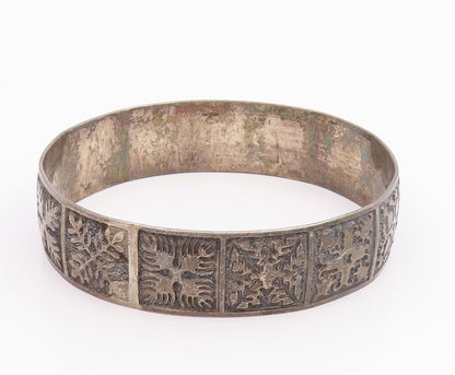 925 Sterling Silver Vintage Bracelet Classic Etched Floral Motif Bangle  BT11956