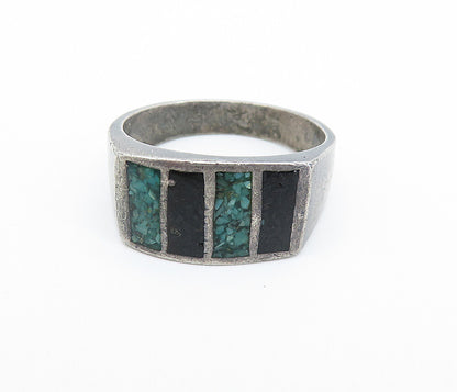 925 Sterling Silver  Vintage Antique Turquoise & Black Onyx Ring Sz 9  RG6274