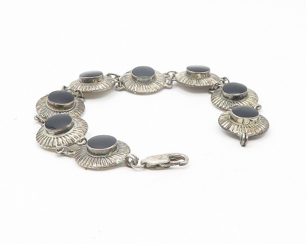 925 Sterling Silver  Vintage Black Onyx Etched Round Chain Bracelet  BT4544
