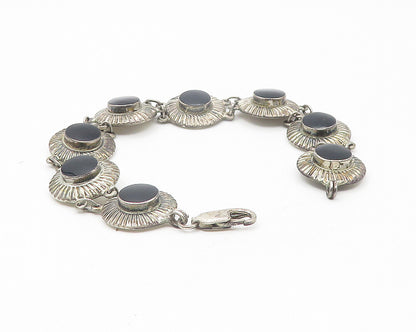 925 Sterling Silver  Vintage Black Onyx Etched Round Chain Bracelet  BT4544