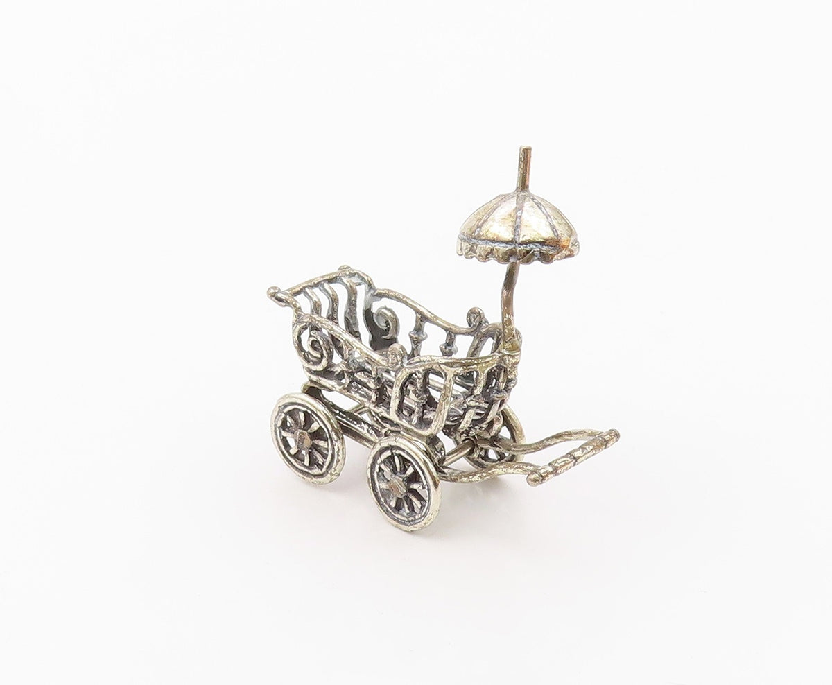 925 Sterling Silver  Vintage Shiny Old Fashioned Baby Carriage Trinket  TR1823