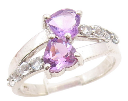925 Sterling Silver Vintage Ring Amethyst & CZ Double Love Heart  Sz 6  RG36131