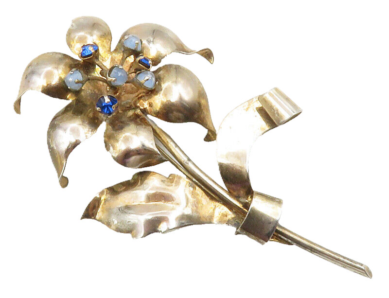 925 Sterling Silver  Vintage Blue Topaz Sculpted Flower Brooch Pin  BP4656