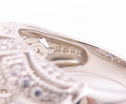 925 Sterling Silver Vintage Ring Designer Cut Sapphire & CZ Inlay Sz 7.5 RG30816