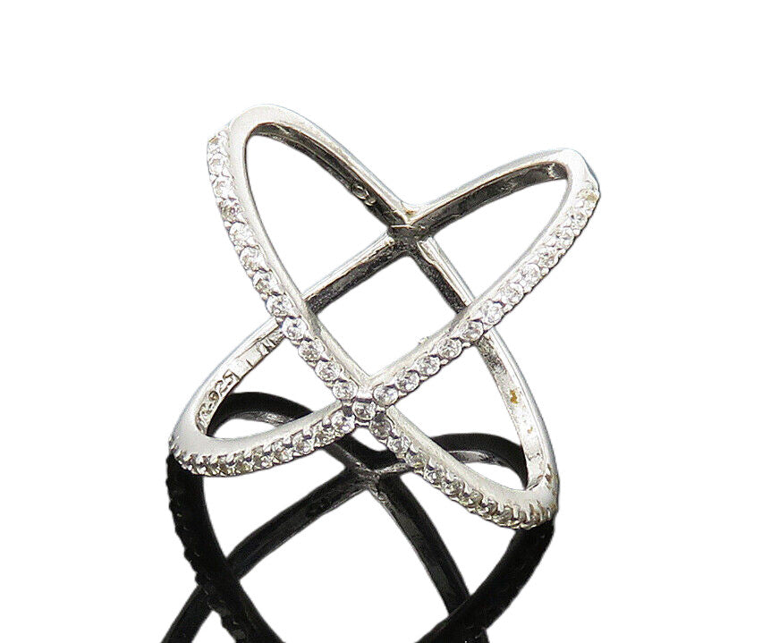 925 Sterling Silver Vintage Topaz Criss Cross Orbit Band Ring Sz 6.5 RG21338