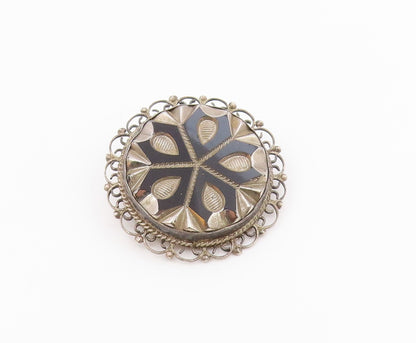 MEXICO 925 Sterling Silver  Vintage Black Onyx Floral Design Brooch Pin BP5673
