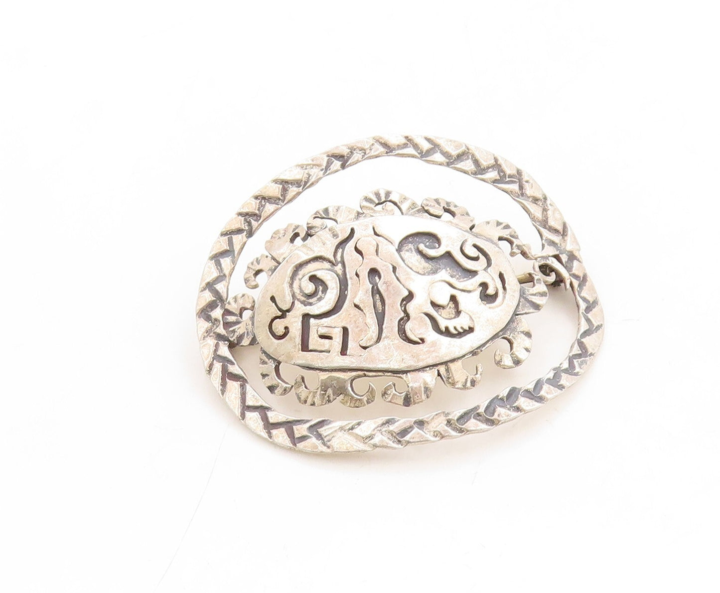 925 Sterling Silver Vintage Brooch Pin Solid Cutout Trible Design Etched BP11325