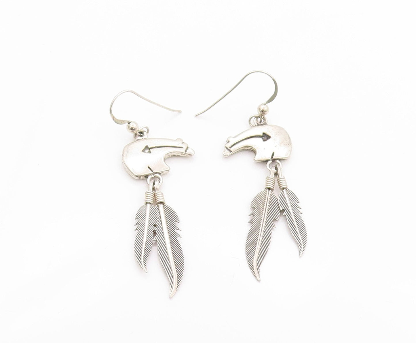 925 Sterling Silver Vintage Earrings SOUTHWESTERN Bear Dangling Feathers EG13531