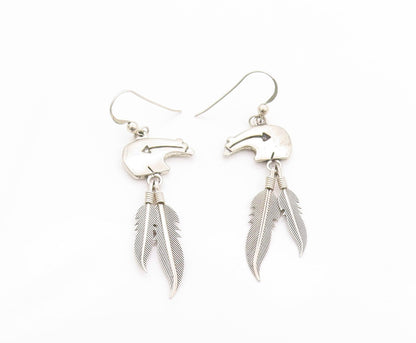 925 Sterling Silver Vintage Earrings SOUTHWESTERN Bear Dangling Feathers EG13531