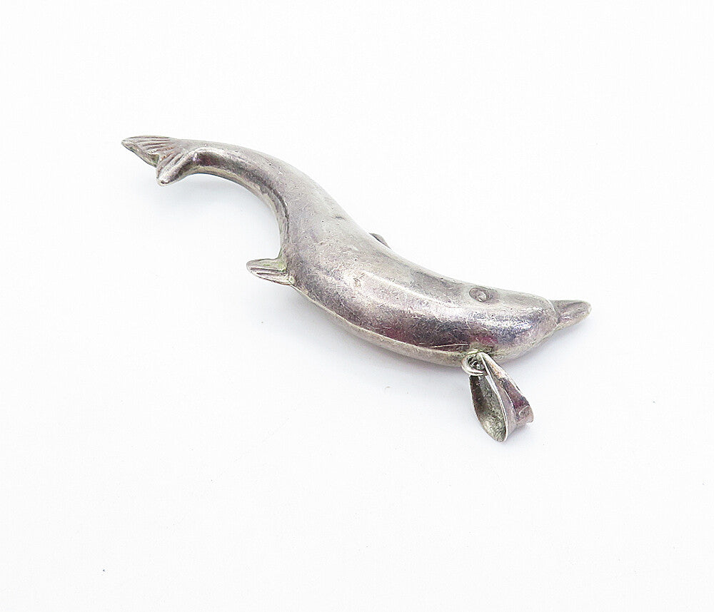 925 Sterling Silver  Vintage Dark Tone Hollow Swimming Dolphin Pendant  PT5142