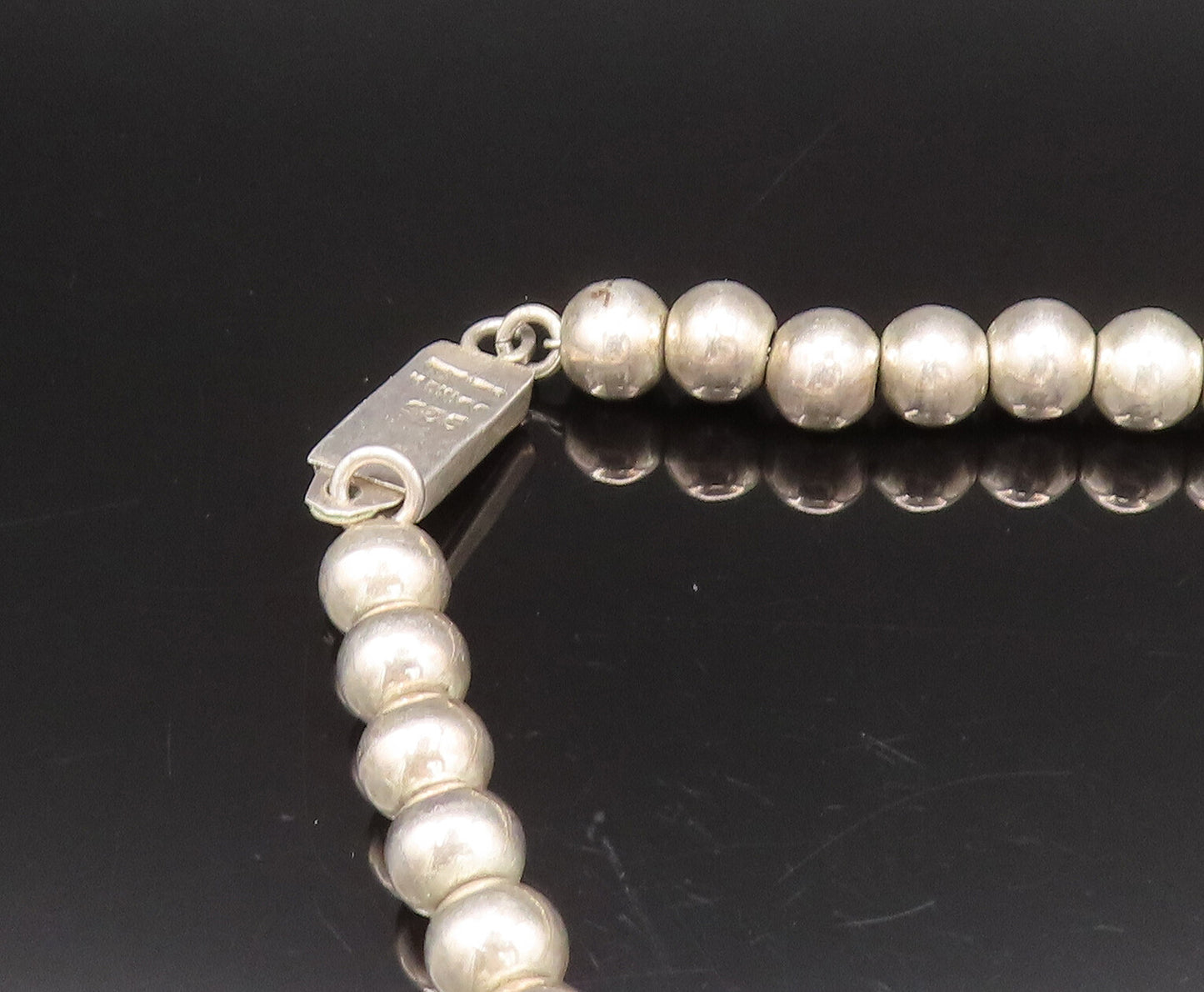 MEXICO 925 Sterling Silver Vintage Black Onyx Tube & Ball Beads Necklace  NE4026