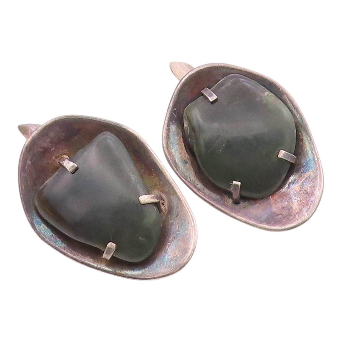 925 Sterling Silver  Vintage Prong Set Jasper Dark Tone Cuff Links  TR1732