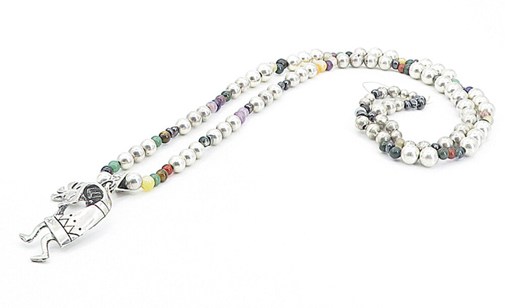 MASHA NAVAJO 925 Silver Vintage Multi Stone Kokopelli Chain Necklace NE1320