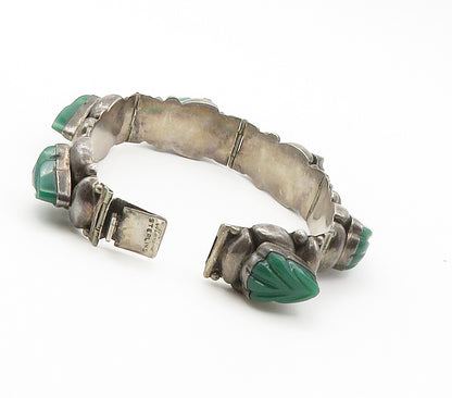 925 Sterling Silver  Vintage Green Onyx Carved Hinge Chain Bracelet  BT5943
