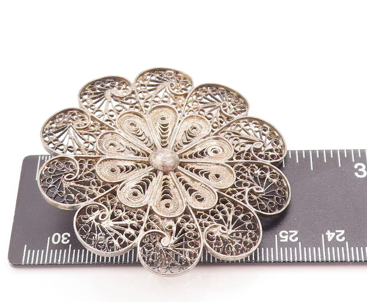 925 Sterling Silver Vintage Brooch Pin MIDDLE EAST Filigree Work Flower  BP10844