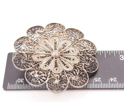 925 Sterling Silver Vintage Brooch Pin MIDDLE EAST Filigree Work Flower  BP10844