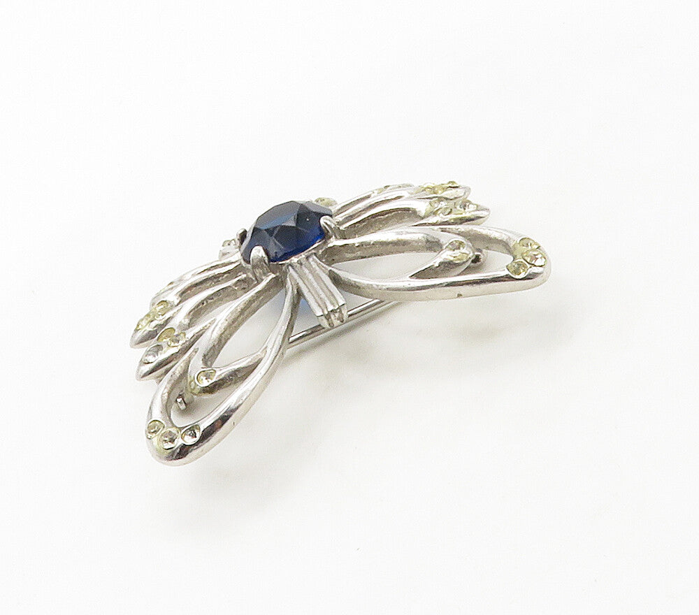 925 Sterling Silver Vintage Blue & White Topaz Shiny Butterfly Brooch Pin BP6447