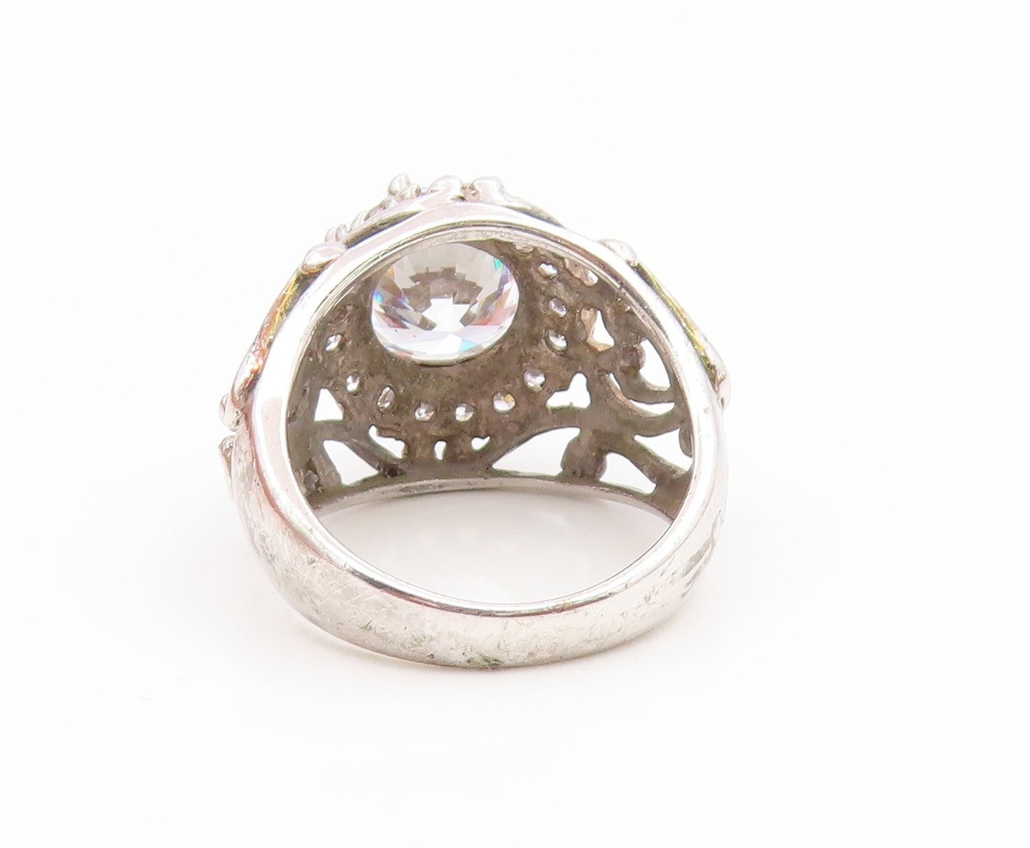 925 Sterling Silver Vintage Ring CZ Intricate Openwork Design  Sz 7.5  RG35223