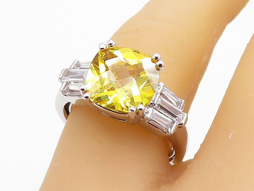 925 Silver  Citrine & Cubic Zirconia Shiny Solitaire Accent Ring Sz 7  RG3588