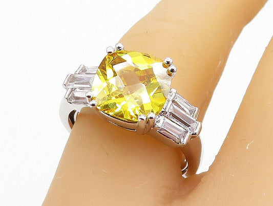 925 Silver  Citrine & Cubic Zirconia Shiny Solitaire Accent Ring Sz 7  RG3588