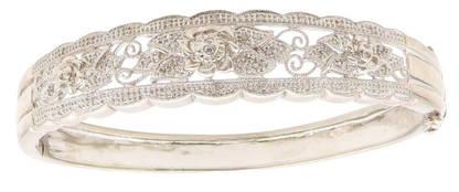 925 Sterling Silver Vintage Bracelet Real Diamonds Floral Rose Bangle  BT11998