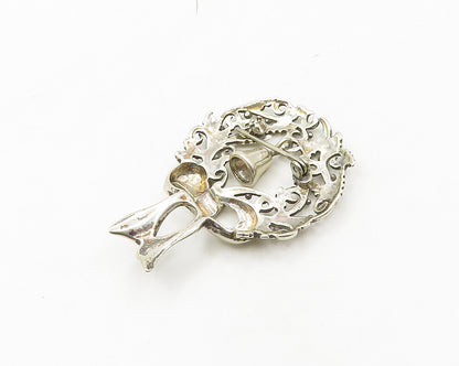 925 Sterling Silver  Vintage Shiny Floral Wreath Ribbon Bow Brooch Pin  BP7478