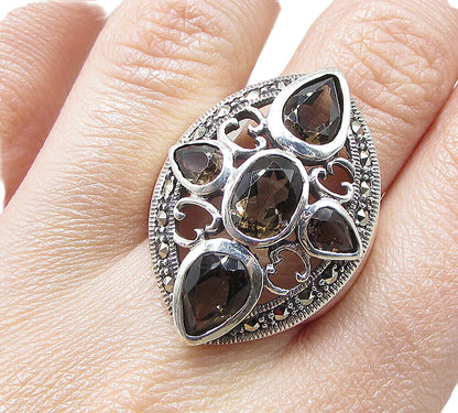 925 Sterling Silver Smoky Quartz & Marcasite Cross Cocktail Ring Sz 8.5 RG1960