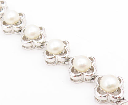 925 Sterling Silver Vintage Necklace White Pearl Elegant Floral Chain  NE4811