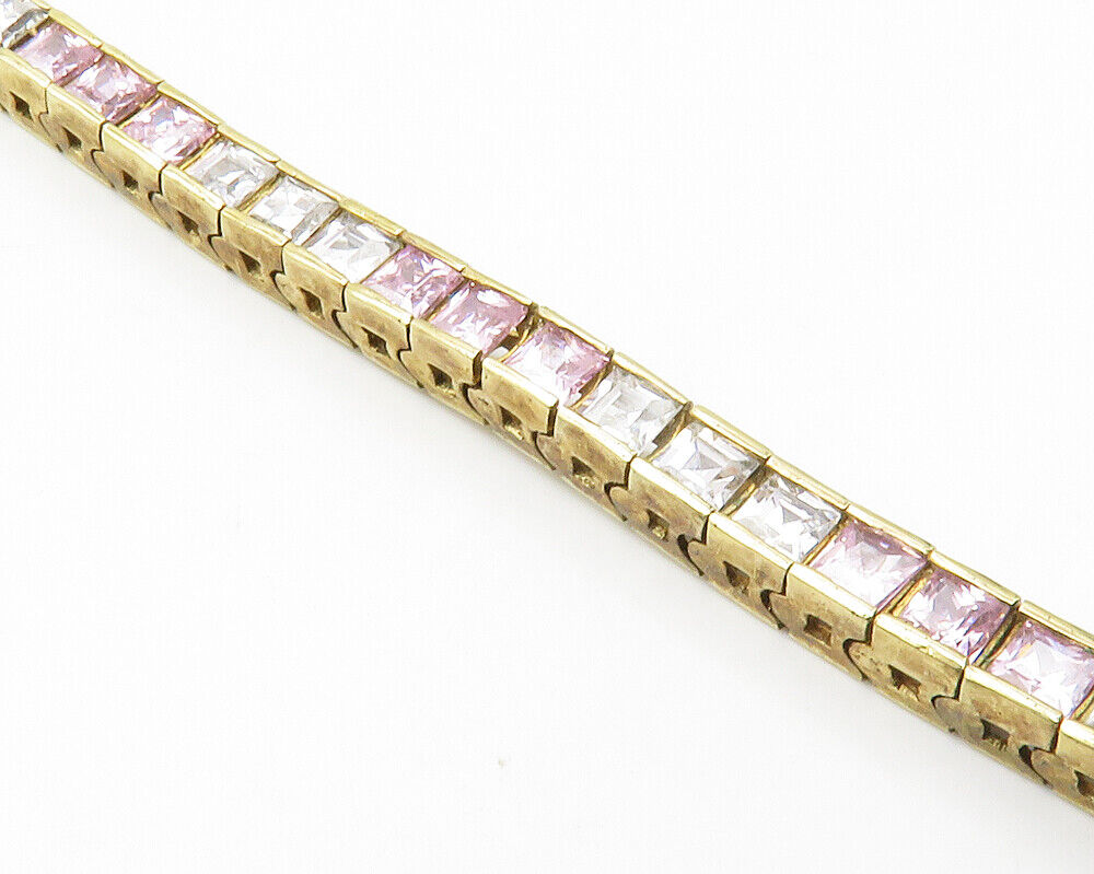 925 Silver  Pink & White Cubic Zirconia Gold Plated Chain Bracelet  BT5450