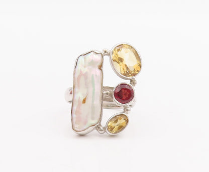 925 Sterling Silver Vintage Ring Amorphas Mother Of Pearl Gemstones Sz 7 RG29211