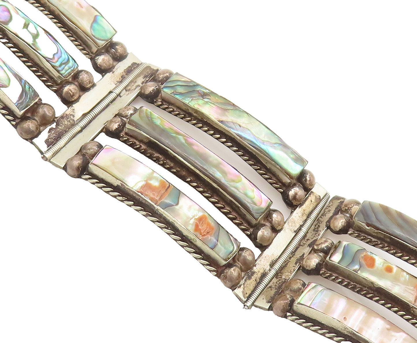AP MEXICO 925 Silver  Vintage Strip Cut Beaded Abalone Solid Bracelet  BT10113