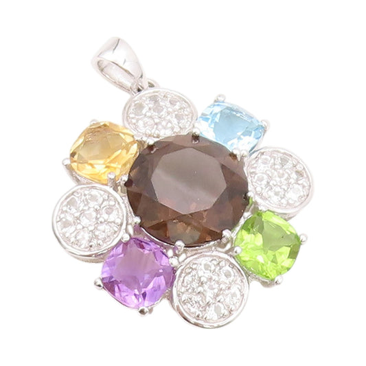 925 Sterling Silver Vintage Pendant Multi Color Gemstone Flower  PT24056