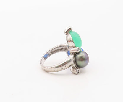 925 Sterling Silver Vintage Ring Pearl & Gemstone Cluster Band  Sz 7  RG36374