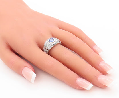 925 Sterling Silver Vintage Ring Floral Carved Blue & White CZ  Sz 7  RG29547