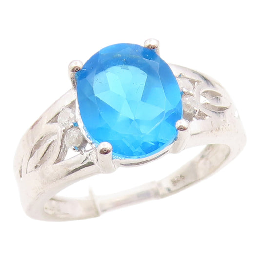 925 Sterling Silver Vintage Ring Real Diamonds & Blue Topaz Band  Sz 7  RG36139