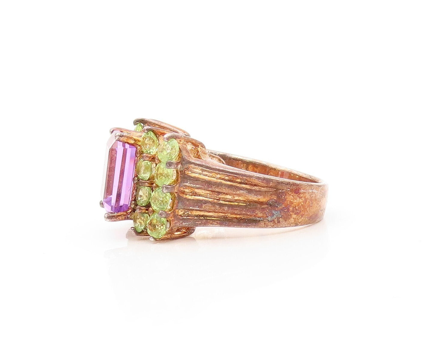 925 Sterling Silver Vintage Ring Rose Gold Plated Amethyst Peridot Sz 8  RG30639