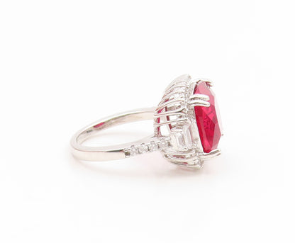 925 Sterling Silver Vintage Ring Elegant Ruby & Halo CZ Band  Sz 6.5  RG35062