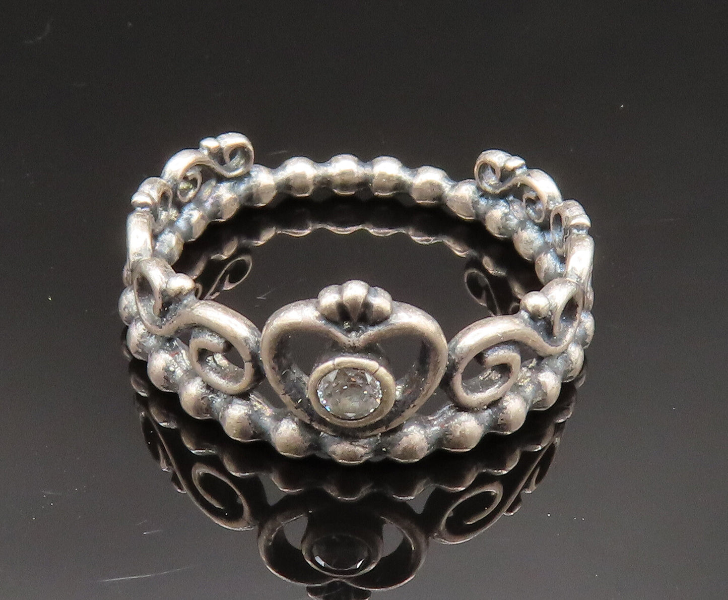 PANDORA 925 Sterling Silver Vintage Beaded Royal Crown Topaz Ring Sz 6 RG24602