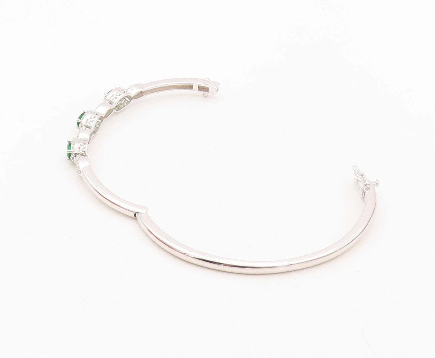 925 Sterling Silver Vintage Bracelet Loop Cutout Green & White CZ Bangle BT10718