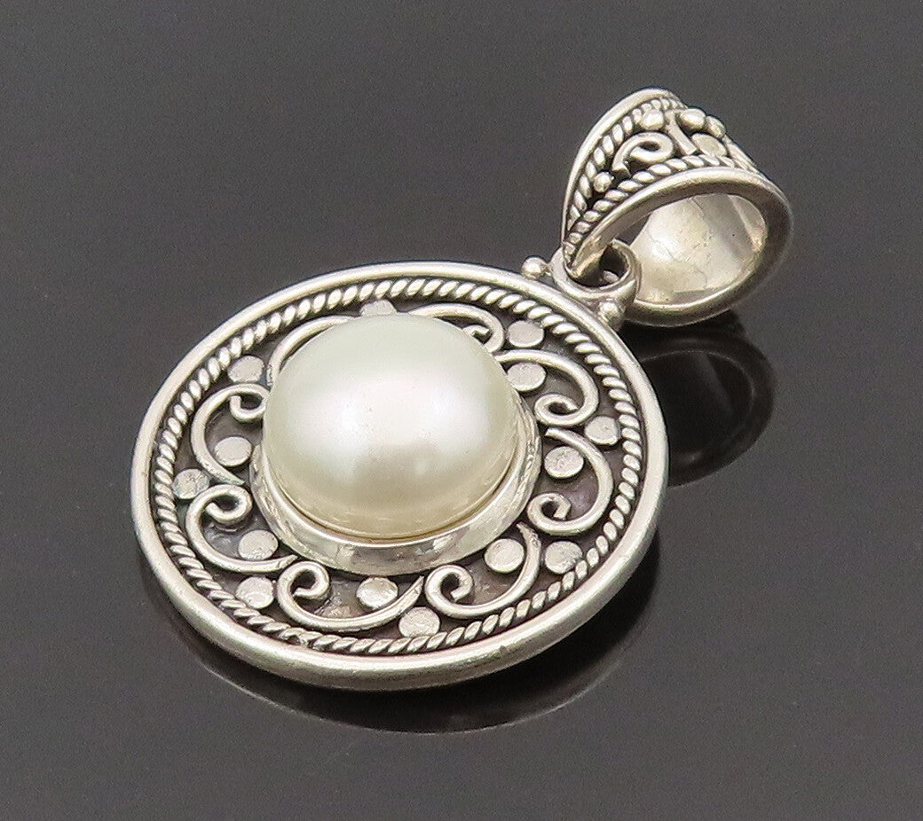 BALI 925 Silver  Vintage Swirl Flower & Freshwater Pearl Pendant  PT21966