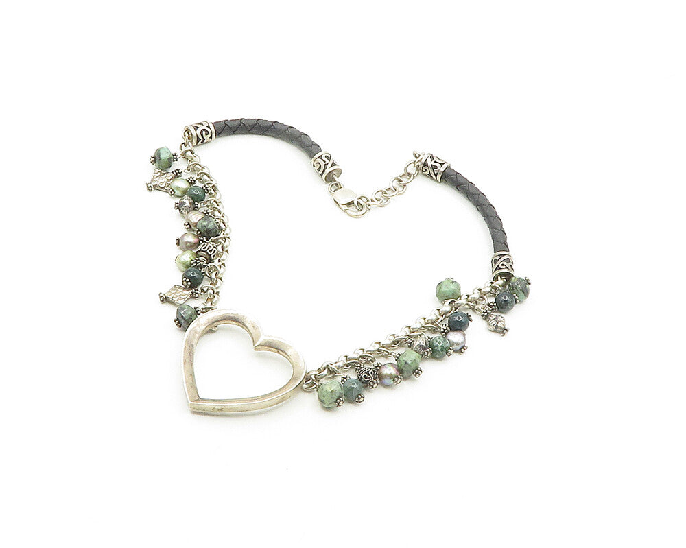 925 Silver  Vintage Pearls Turquoise & Agate Love Heart Chain Necklace  NE3040