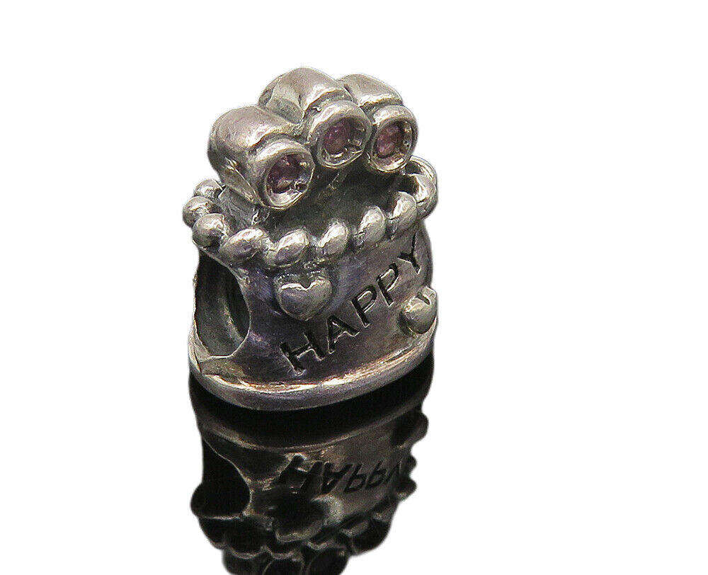 CHAM 925 Sterling Silver  Pink Topaz Happy Birthday Cake Slide Pendant  PT8660
