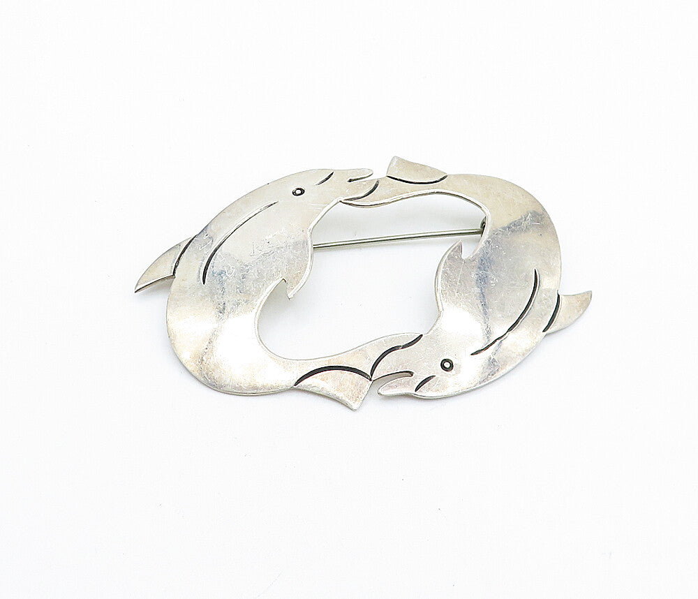 MEXICO 925 Sterling Silver  Vintage Double Dolphin Love Brooch Pin  BP2379